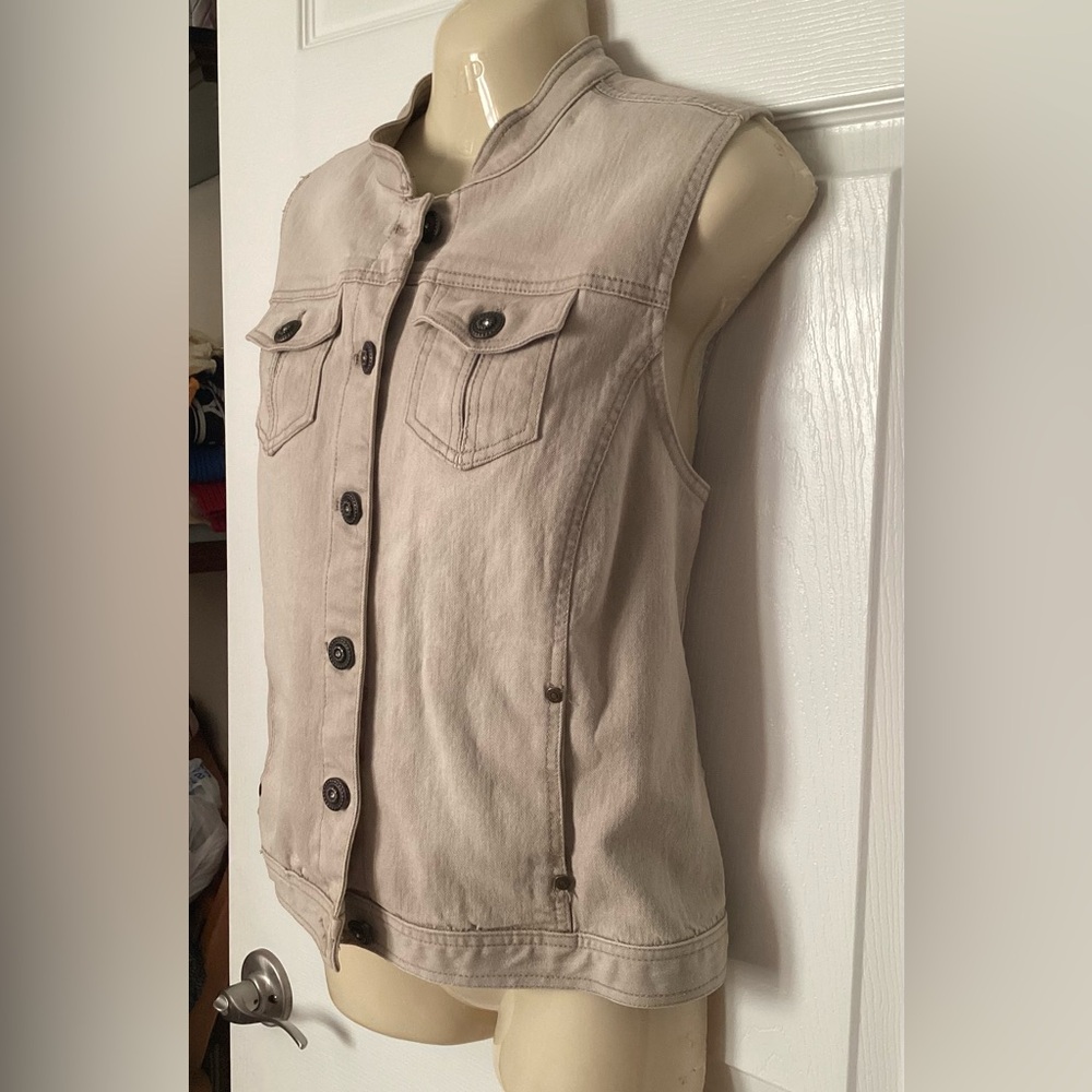 ♦️ CHICO’S Sleeveless Vest Sz 0 beige khaki denim neutral EUC